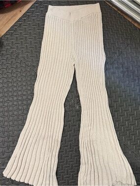 H&M Ribbed Knit Flared Pants in Cream